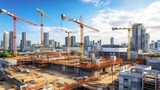 Fototapeta  - Large construction site with busy tower cranes at high-rise building