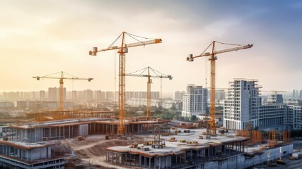 Large construction site with busy tower cranes at high-rise building