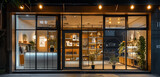 Fototapeta  - A modern storefront with attractive window displays, well-lit signage, and a welcoming entrance.