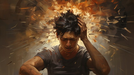 Man overwhelmed with hands on head against a backdrop of shattering thoughts. Digital art piece symbolizing mental struggle. Illustration for psychological concept, mental health awareness.