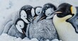 Emperor Penguin family huddled together, detailed feathers, enduring the cold. 