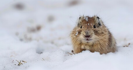 Wall Mural - Lemming on the snow surface, tiny but bold, survival in the vast cold.