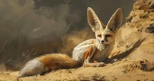 Fennec Fox, Ears Oversized, In An Alert Pose, Embodying Desert Stealth. 