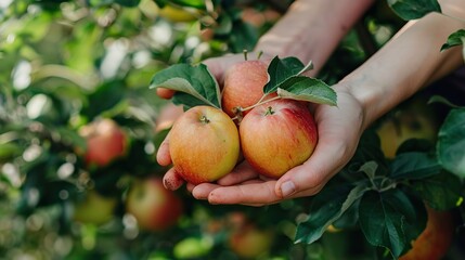 Hands holding freshly picked apples in an orchard, against a lush green apple tree backdrop