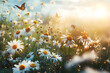 panorama of a spring landscape with blooming flowers in a meadow and butterflies.
