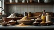 kitchen setup showcasing raw ingredients for baking with bowls of flour and grains