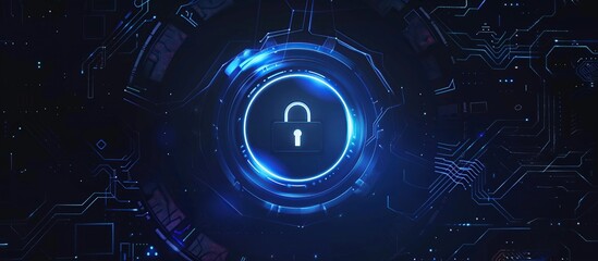 A circular cyberspace lock with holographic effects and blue neon lines around it, set against a dark background. The lock is centered in the frame, surrounded by futuristic tech elements like digital