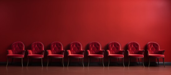 Wall Mural - Red chairs lined up against a vibrant red wall create a striking visual in an enclosed space