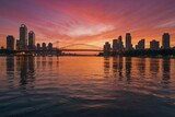 Fototapeta  - view of a bridge over a river with a city in the background, new york city as backdrop