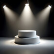 3d empty white podium under the spotlights. empty studio room. 3d stage for product display. an abstract platform for product presentation. podium for advertisement. tech products mockup.