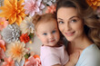 happy mother's day, mother's day gift, mother and child, family, women's day, beautiful smiling woman holding her son in her lap small child, happy home, floral background