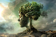 Tree brain with human head, idea concept of thinking hope freedom and mind, surreal.