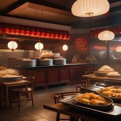 Wall Mural - A Chinese dim sum restaurant with carts of steaming dumplings being pushed around the dining room2