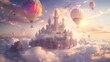 An enchanted podium showcasing a magical kingdom nestled a the clouds with a majestic castle and colorful hot air balloons dotting . .