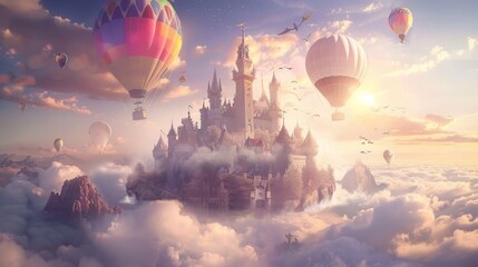 An enchanted podium showcasing a magical kingdom nestled a the clouds with a majestic castle and colorful hot air balloons dotting . .