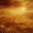 Artistic stock photo of Venus' surface as imagined from a spacecraft descending through its hostile atmosphere, showing volcanic plains and potential signs of ancient lava flows