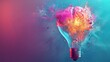 Indigo pastel background, 3D light bulb, vibrant brain motif, a high-res beacon of creativity