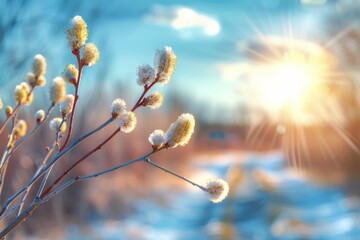 Wall Mural - A bunch of flowers with frost on them are in front of a blue sky