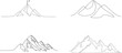 One continuous line drawing of mountain range landscape. Rocky peaks with snow and mounts in simple linear style. Winter sports concept isolated on white background. Doodle vector illustration