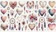 A collection of whimsical hearts and dreamcatchers in soft colors with floral and feather details.