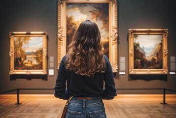 Poster - A woman in an art gallery looks at paintings. Background with selective focus and copy space