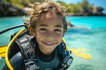 Sticker - Child at diving lessons. Background with selective focus and copy space