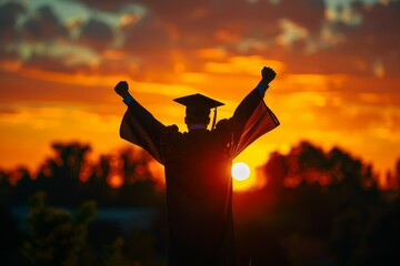Wall Mural - A graduate student is standing in front of a sunset, holding a cap and gown