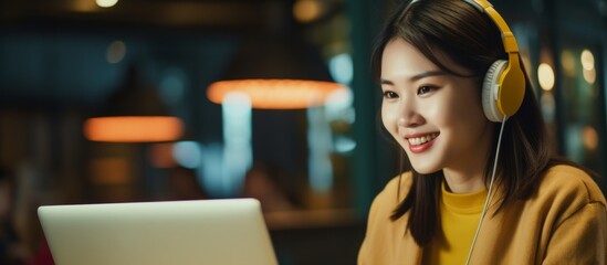 Wall Mural - a woman sits in front of a laptop computer, wearing headphones while engaging with the screen