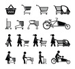 Information shopping icons. Different types of baskets, trolleys and carts for shopping in stores.