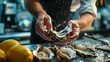 A close-up shot of a chef's hands skillfully shucking fresh oysters over a bed of ice, with vibrant lemons in the background, showcasing a glimpse of the culinary art in a professional kitchen.
