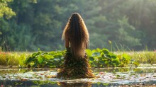 A Person With Long Curly Hair Stands On The Edge Of A Pond Back Towards The Camera. They Are Wearing A Dress Made Of Leaves . .