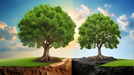 two trees with radically different settings Global Warming and Pollution on Earth Day, also known as World Environment Day