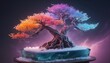 An ice bonsai in a parallel universe, adorned with brilliant incandescent colors, with lightning bolts around it.