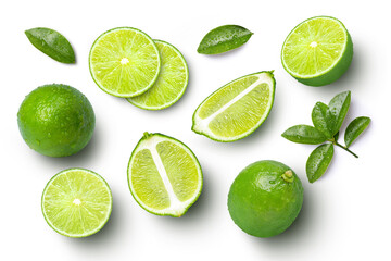 Wall Mural - Lime fruits with slices and green leaves isolated on white background. Top view. Flat lay.