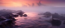 The Rugged Shoreline Is Illuminated By The Pink And Purple Hues Of The Setting Sun, Creating A Picturesque And Serene Scene