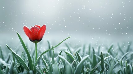 Canvas Print - Green Field with One Red Flower