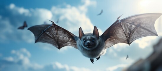 Canvas Print - The nocturnal creature, a bat, gracefully soars in the sky, showcasing its wide wingspan in flight