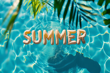 Sticker - Overhead view of a swimming pool with the word Summer written from inflatable pool floats