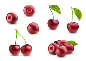 Wall Mural - Realistic ripe cherry. Isolated raw red cherry berry 3d vector set. Ripe, bountiful mound of berries, glistening with vibrant hues, tempting taste buds with succulent allure and natural sweetness