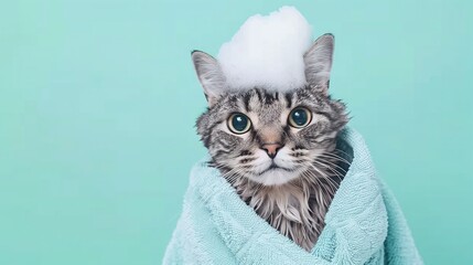 Cute wet gray tabby kitten cat after bath, mint green towel robe, soap foam bubbles on the head, funny pet portrait on light green background, with copy space.