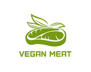 Wall Mural - Vegan beef steak meat, plant protein, vegetable meal icon. Isolated vector emblem with green leaves and cut of meatless steak. Healthy vegetarian food, organic plant-based cuisine restaurant or shop