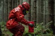 A specialist carefully placing fire retardant gel dispensers in strategic locations around a forest.