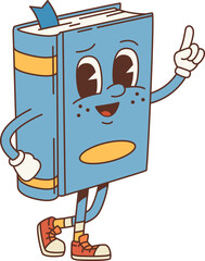 Aufkleber - Cartoon retro book groovy character in hippie comic art, vector funky personage. 60s and 70s hippie groovy book with wise look, bookmark and index finger up for kids cartoon funny groovie character