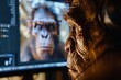 Close up of a Neanderthal's reflection on a computer screen, video editing a documentary about their life.