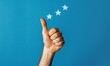 Man's hand with thumbs up and 3 stars, expressing satisfaction against blue backdrop