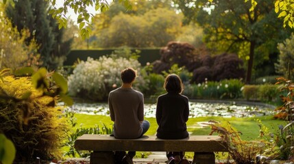 Two people sit on a stone bench facing away from the camera. The vast expanse of the garden surrounds them creating a sense of harmony . .