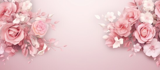 Poster - Pink roses and delicate white butterflies adorning a soft pink background create a charming and elegant scene