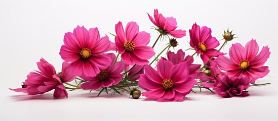 Wall Mural - Pink delicate flowers are scattered on a clean white tabletop, creating a soft and elegant display