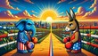 Vivid cartoon of political mascots in boxing match at dawn, an allegory of American political contest and rivalry