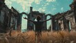 A figure stands with arms outstretched face turned towards the sky as they take in the vastness of the ruins surrounding . .